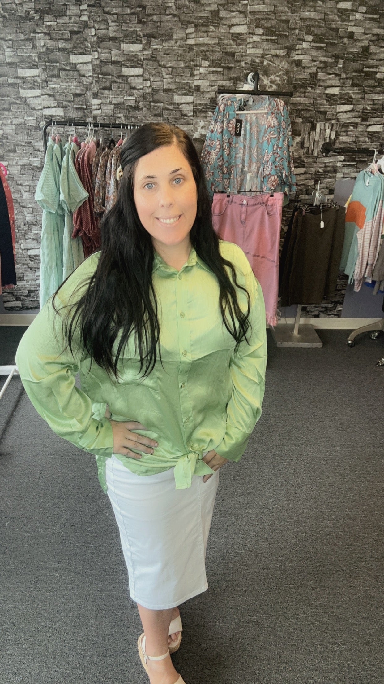 Green satin Top with long sleeve