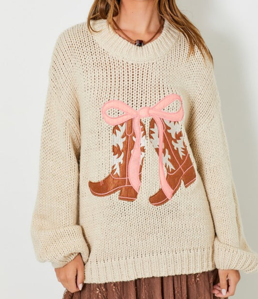 Cream Bow and boots sweater