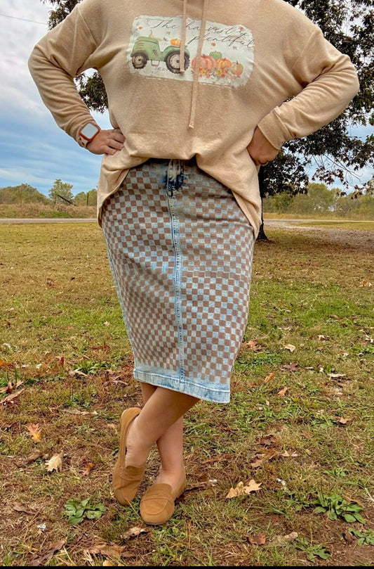 Brown Checkered Denim skirt