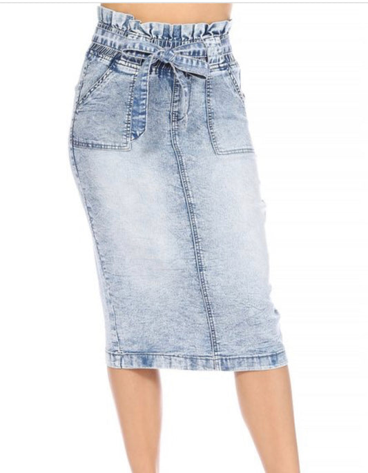 Paper bag denim skirt